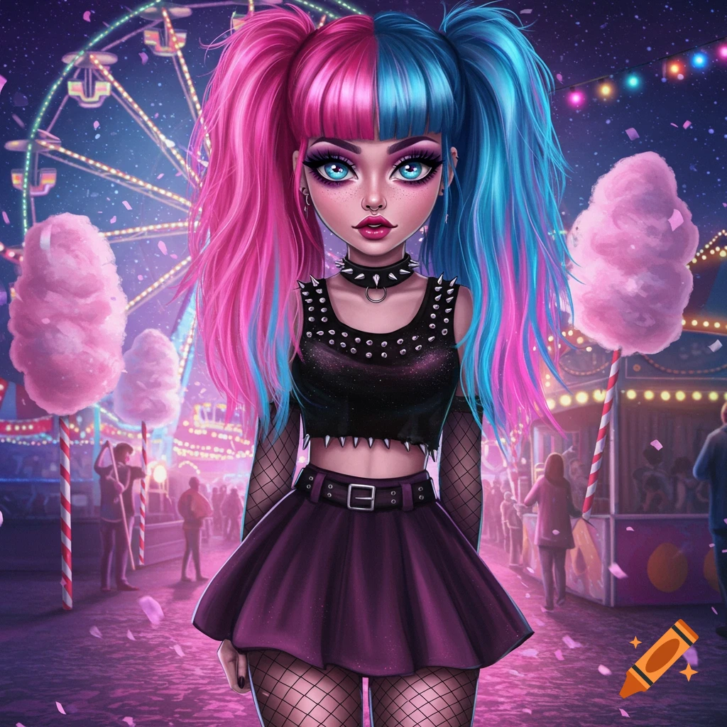 Stylized scene girl with split pink and blue hair at a carnival.