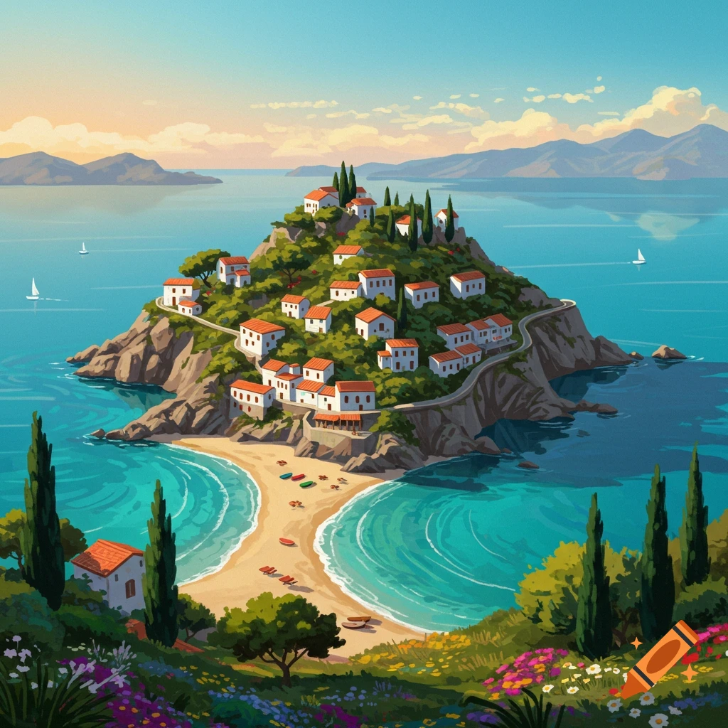 Colorful image of a village on a hilly island with beaches, trees, and boats in the sea.