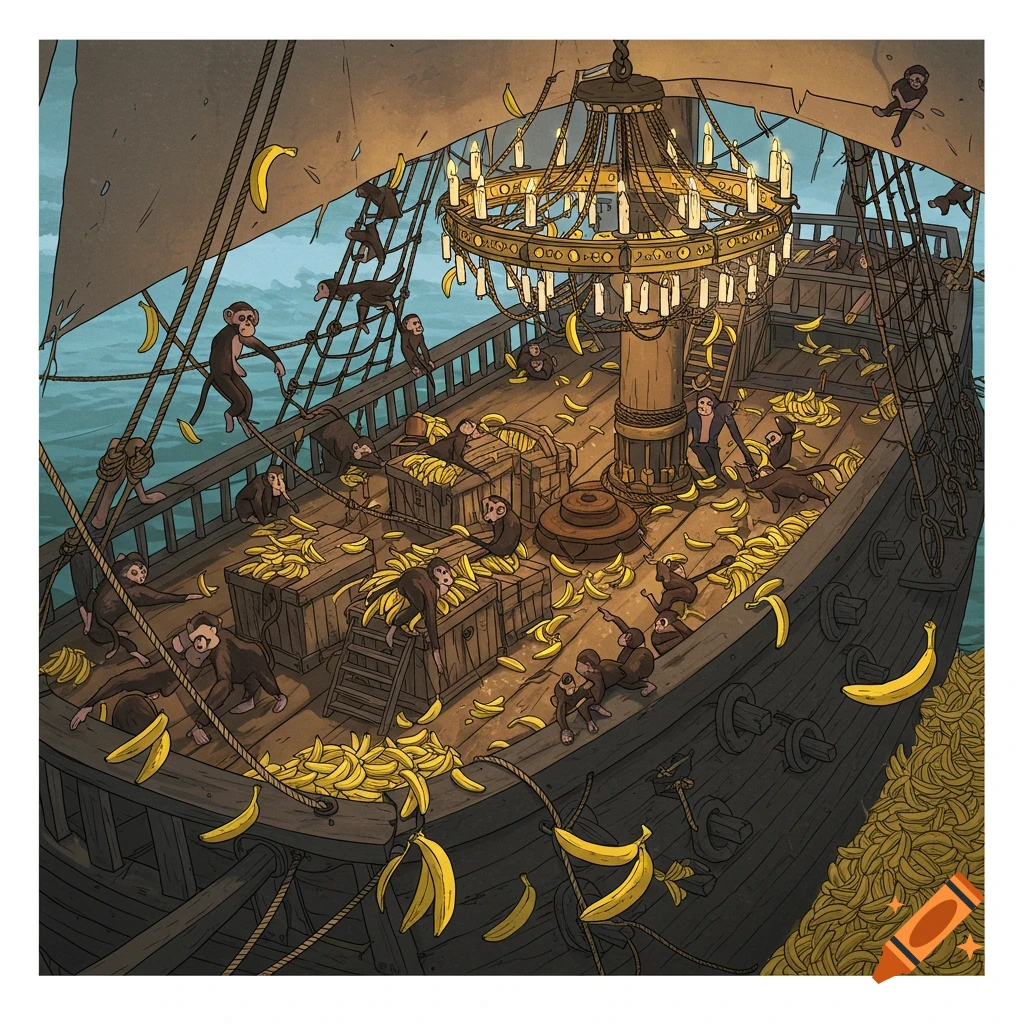 A cartoon illustration of monkeys on a ship with a chandelier and many bananas.