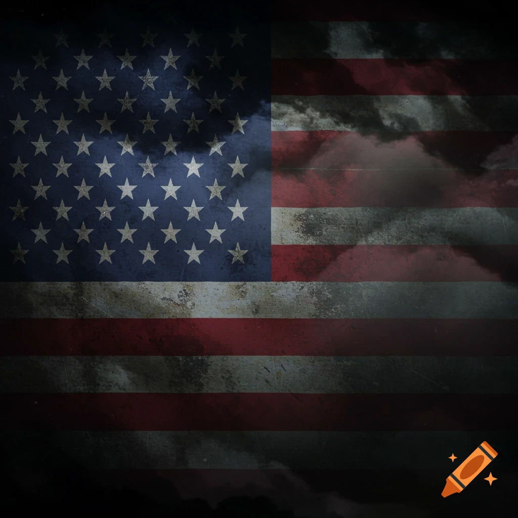 Grunge style American flag with dark, stormy colors and texture.
