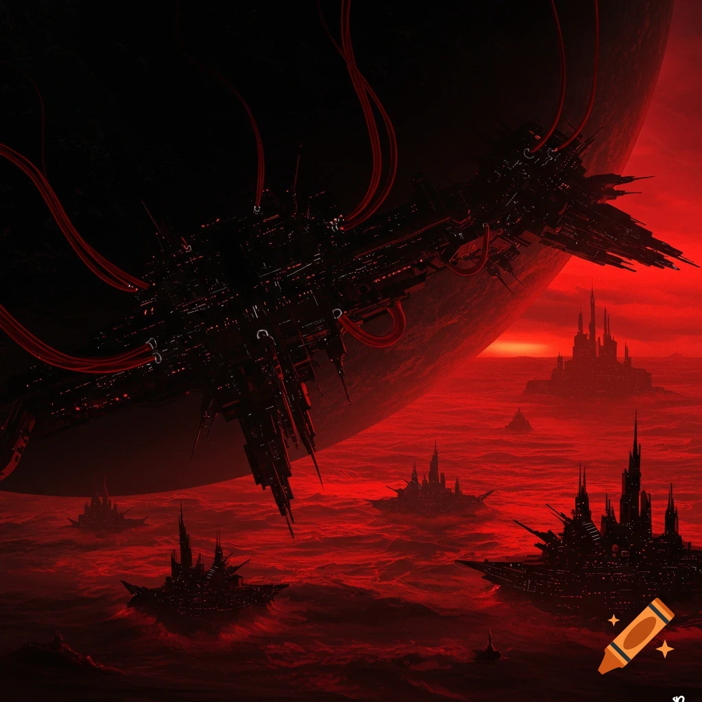 Dark structures rise from a red sea under a red sky with a large planet and space station visible.