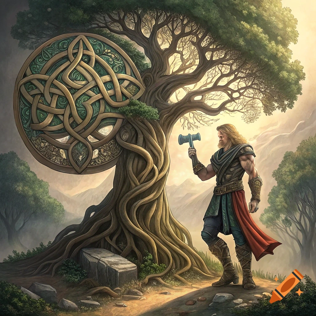 Thor with Mjolnir beside a large tree with a giant Celtic knot symbol in a fantasy landscape illustration.
