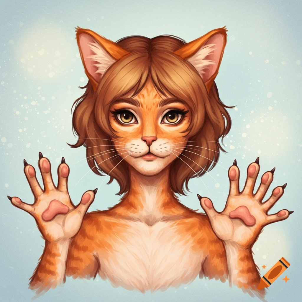 A cat-human character is pressing hands against a surface.