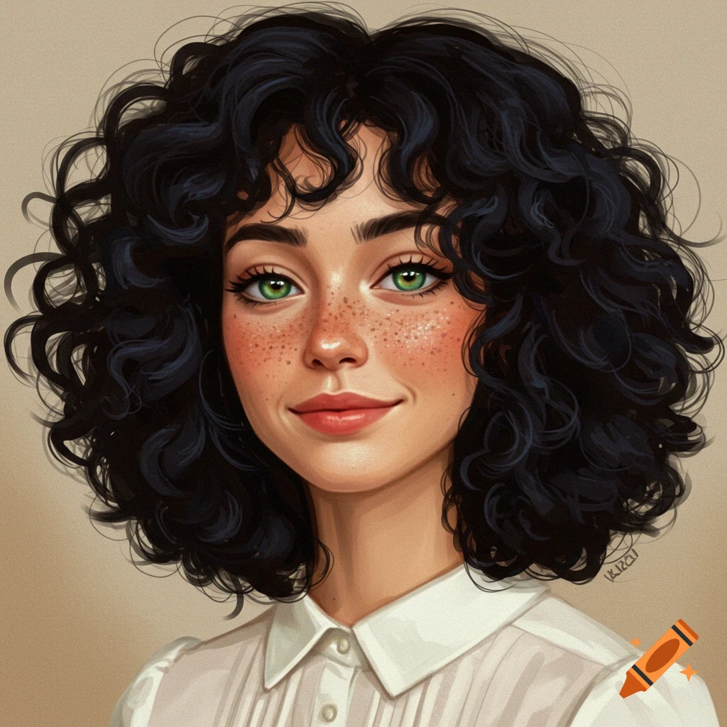 A portrait of a woman with curly black hair, green eyes, and freckles, wearing a white shirt.