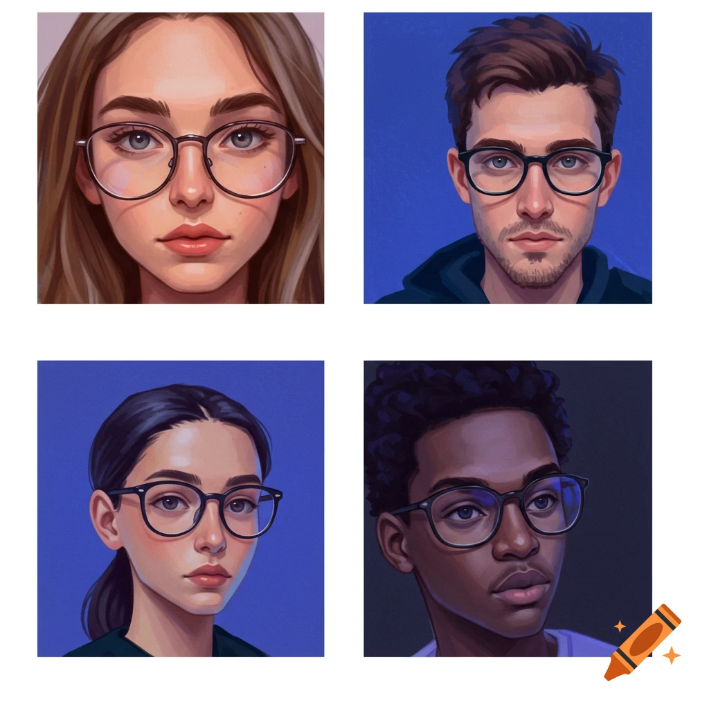 Four digital portraits showing different people wearing glasses.