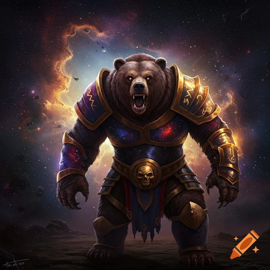 A fantasy image of a bear warrior in golden space armor standing on a rocky planet.