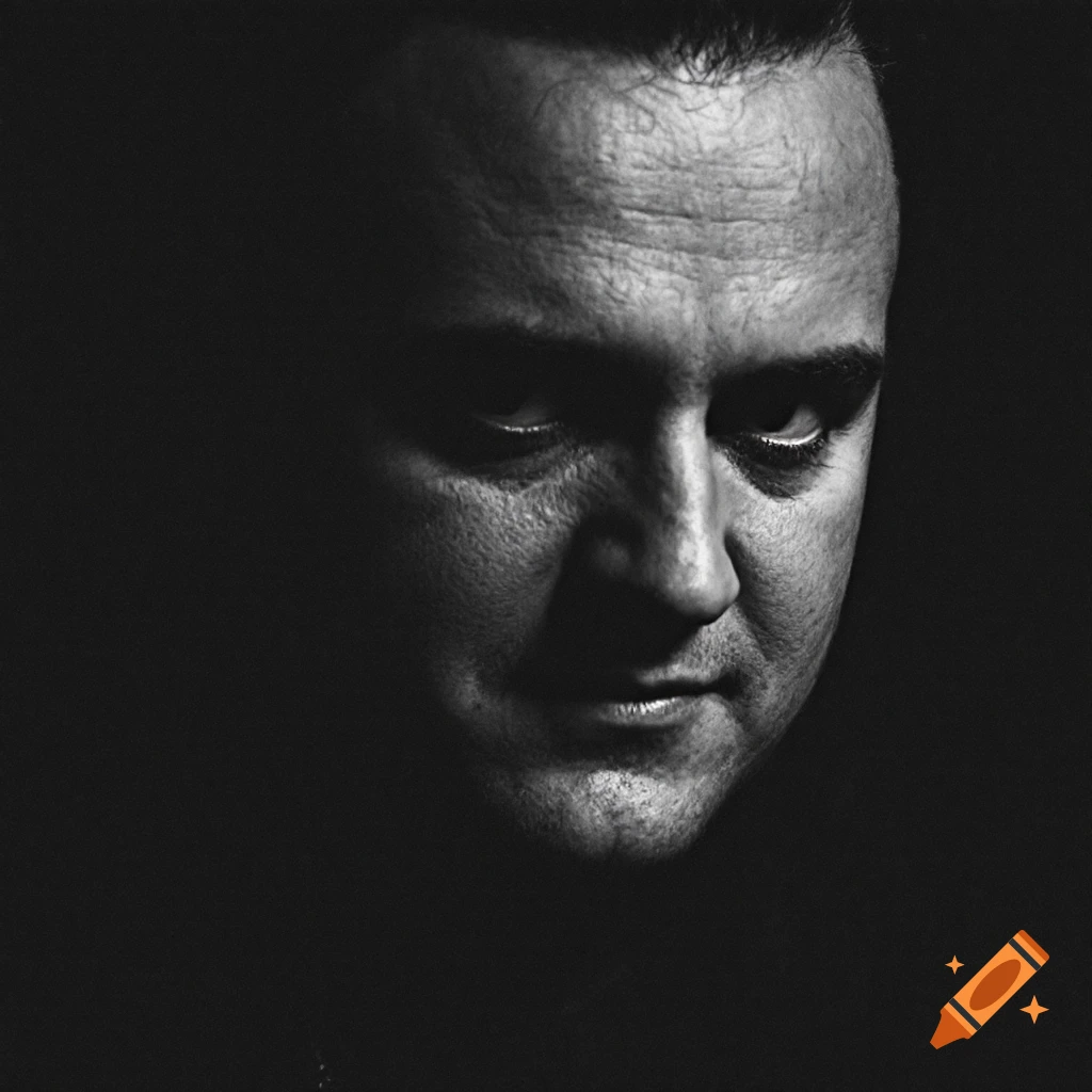 Black and white close-up portrait of a man looking down with dramatic lighting.