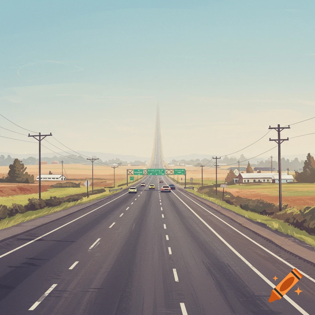 A highway stretches into the distance past fields and farm buildings under a hazy sky.
