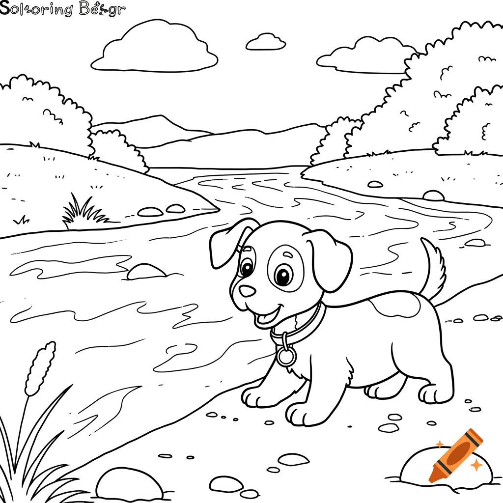 Line drawing coloring page of a puppy standing by a river.
