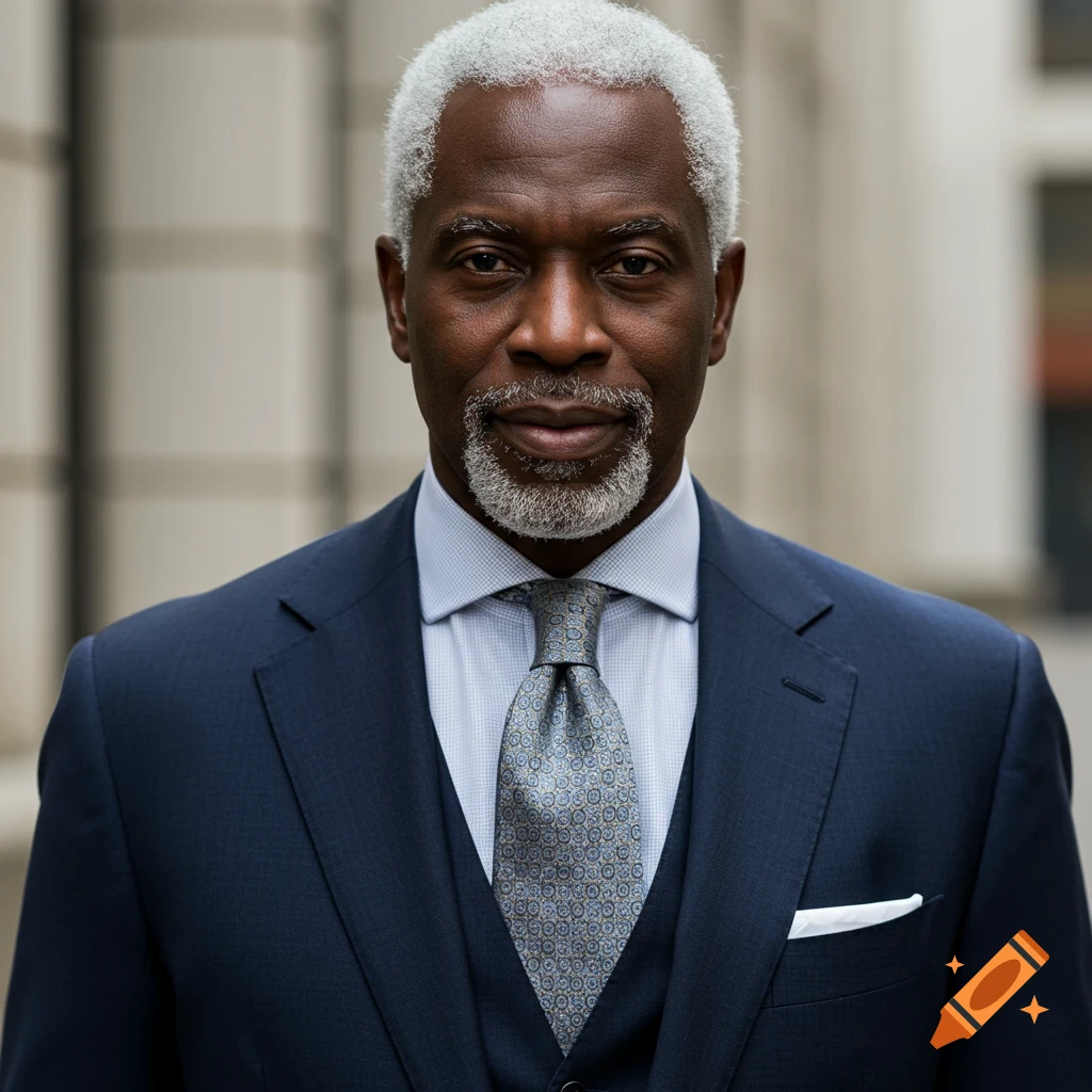 A portrait photo of a Black man with white hair and beard wearing a dark suit, waistcoat, and tie.