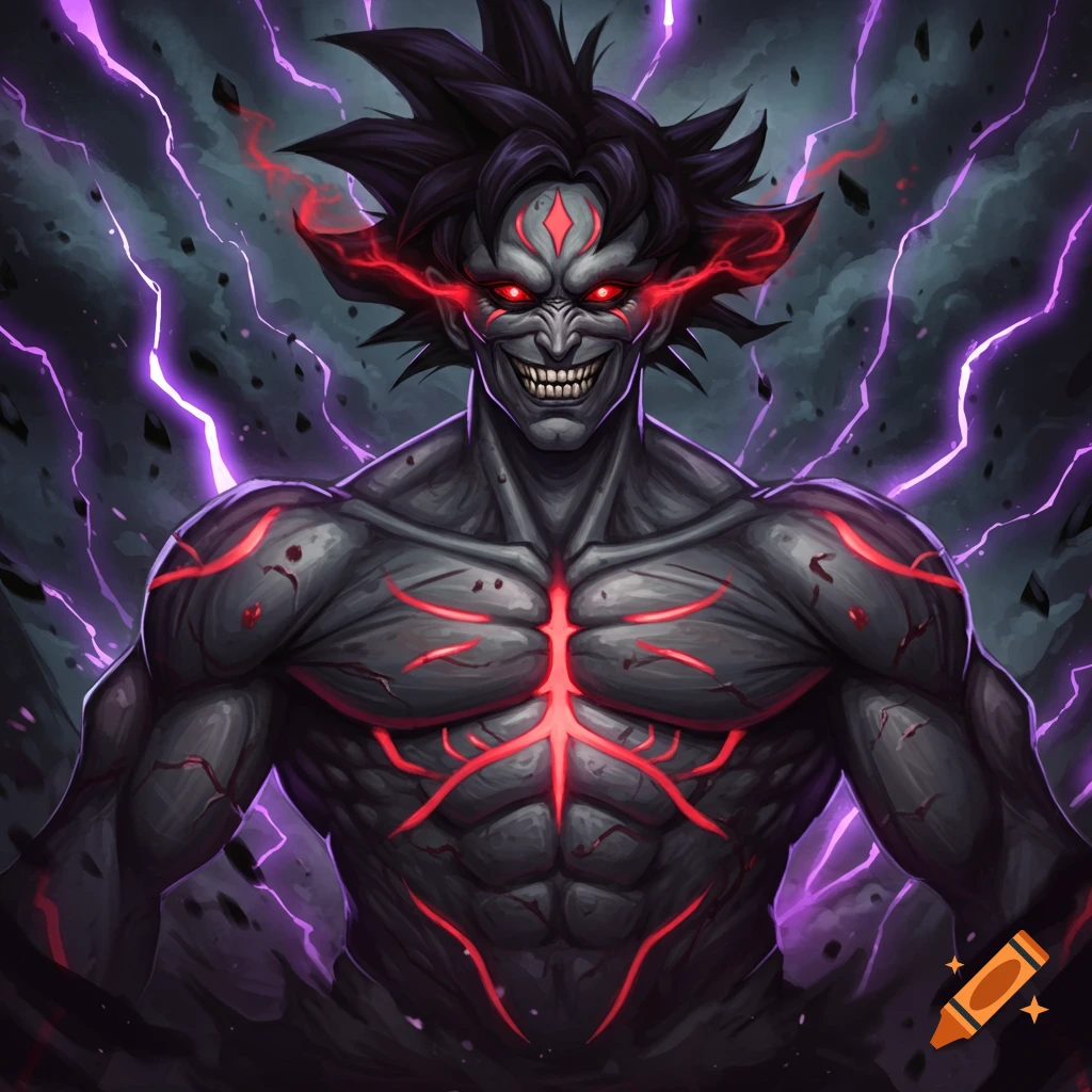 Dark demonic character with red eyes and glowing red lines, surrounded by purple lightning.
