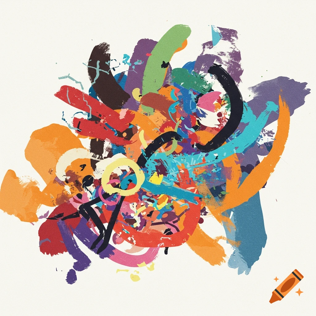 A vibrant abstract image featuring colorful brushstrokes and splatters on a white background.
