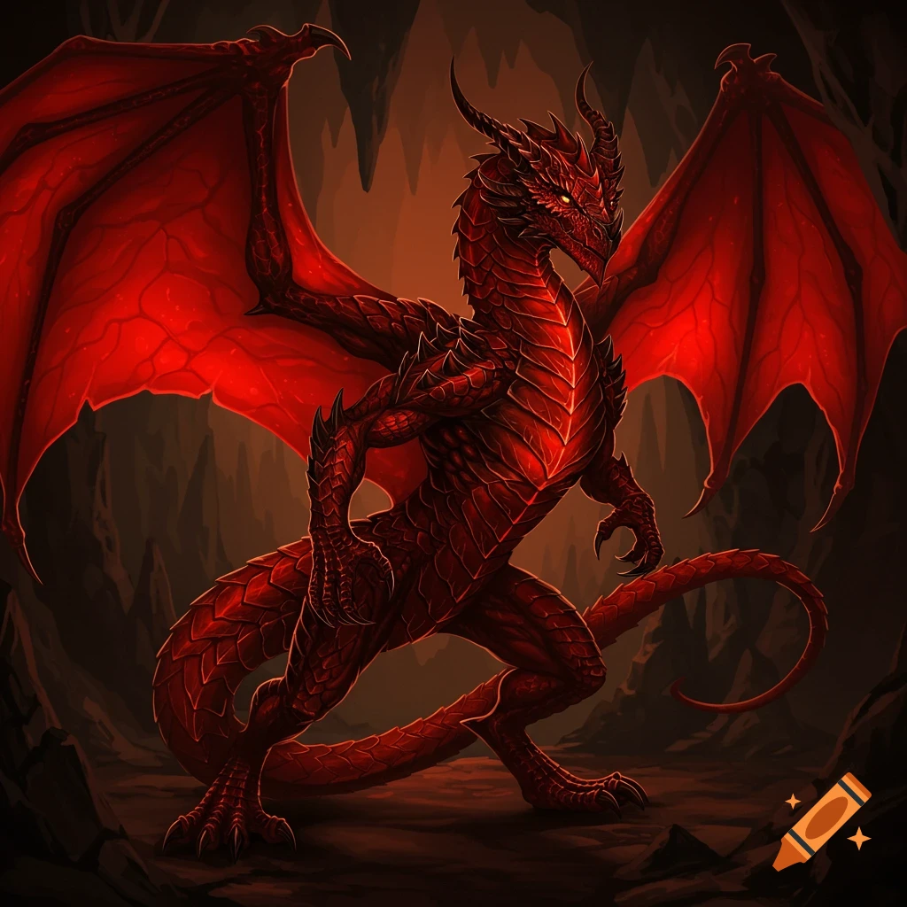 A fearsome red dragon with large wings stands in a cave.
