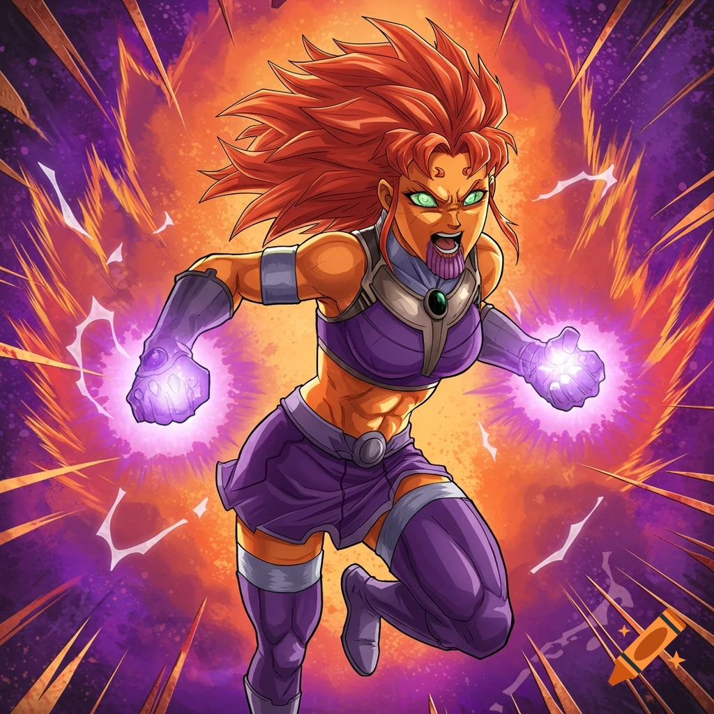 Anime style illustration of a female character resembling Starfire and Thanos, running and firing purple energy from her hands.