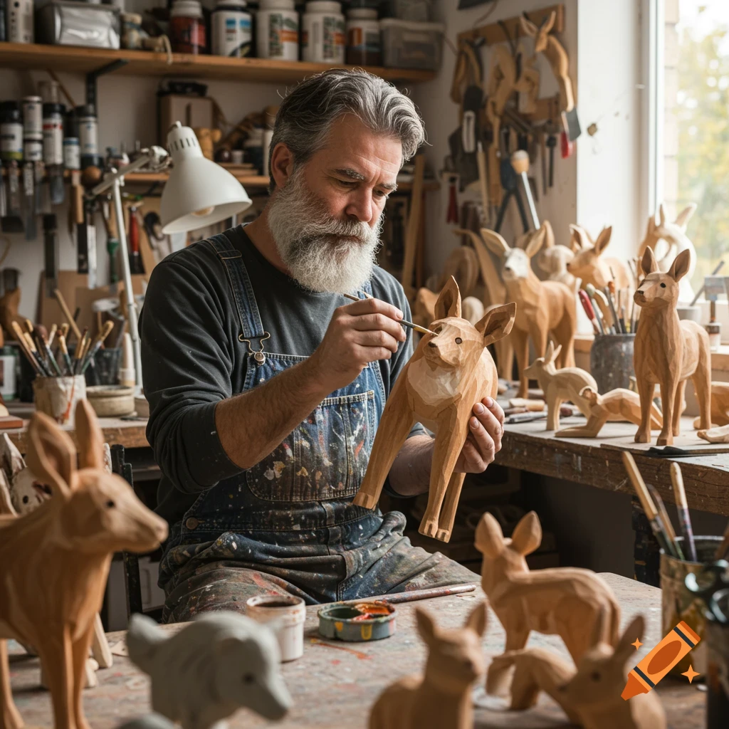 A man with a beard paints a wooden deer figure in a busy workshop filled with other wooden animals.