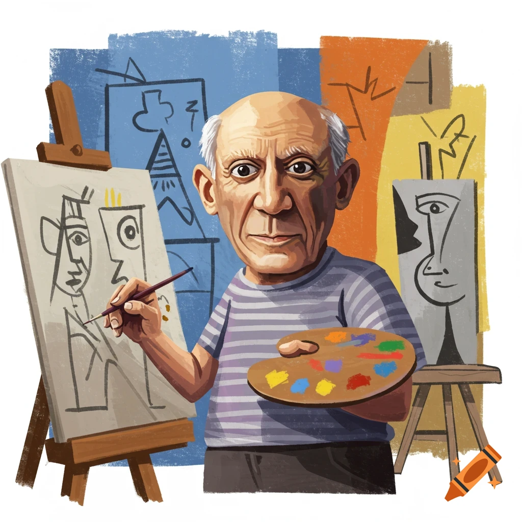 A caricature illustration of Pablo Picasso painting a cubist artwork on an easel.