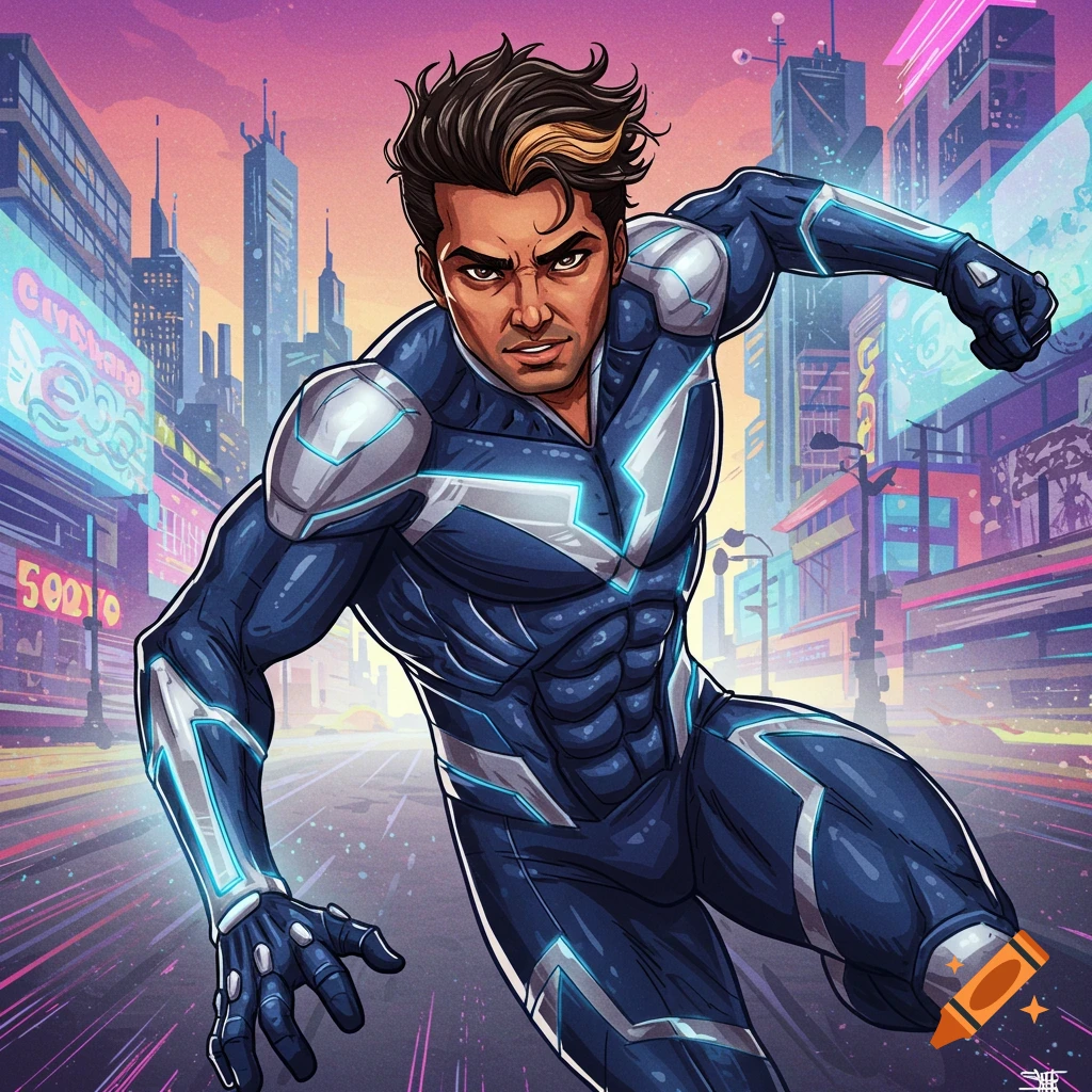 Comic art of a superhero in a blue and silver suit running through a city street.
