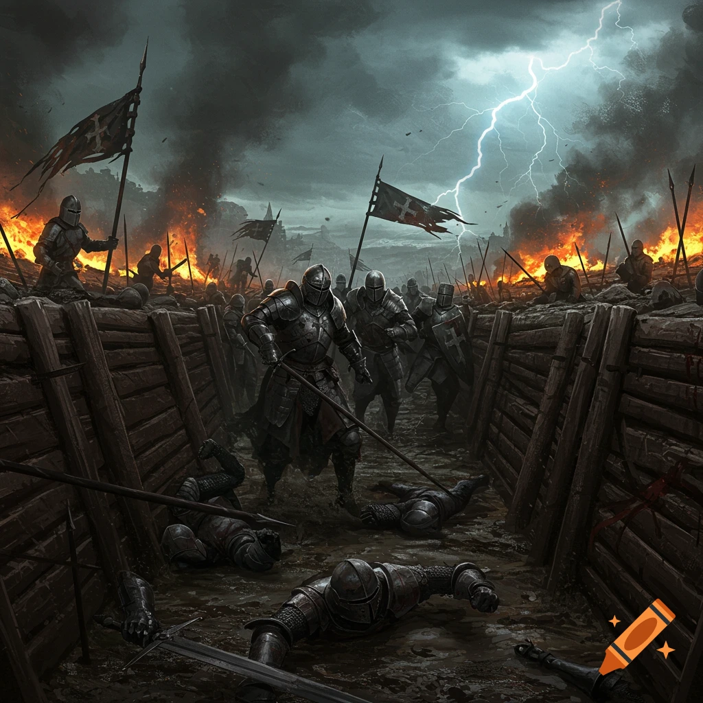 Knights charging into trenches during a grimdark battle with fire and lightning.