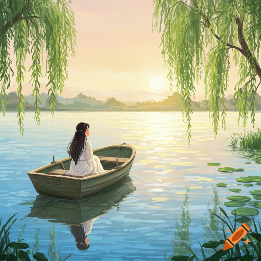 A person in a boat on a lake at sunset, surrounded by trees and lily pads.