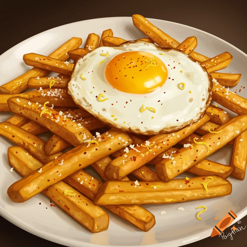 A plate of french fries topped with a sunny-side-up egg and seasoning.