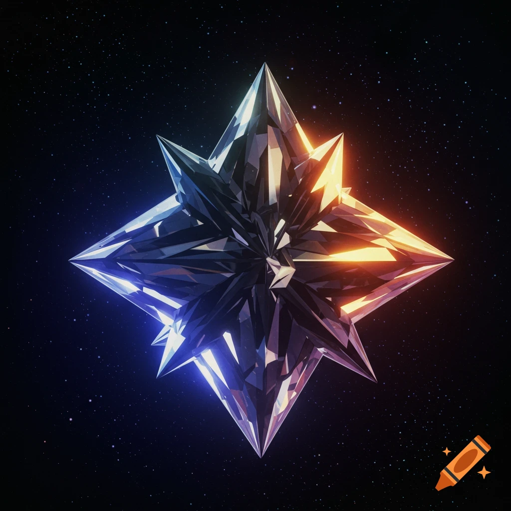 A detailed crystalline star glowing blue and orange in space.