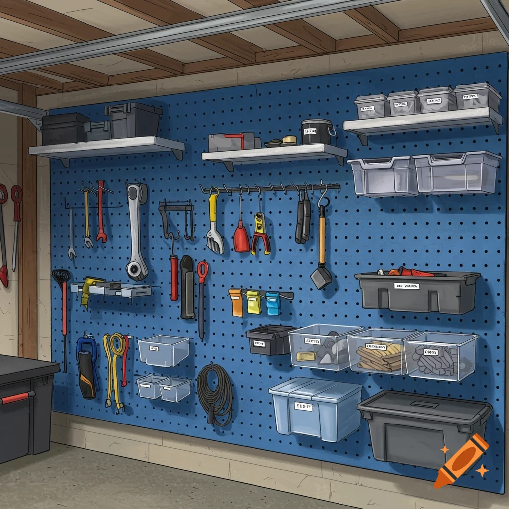 A blue pegboard wall in a garage with various tools, shelves, and storage bins.