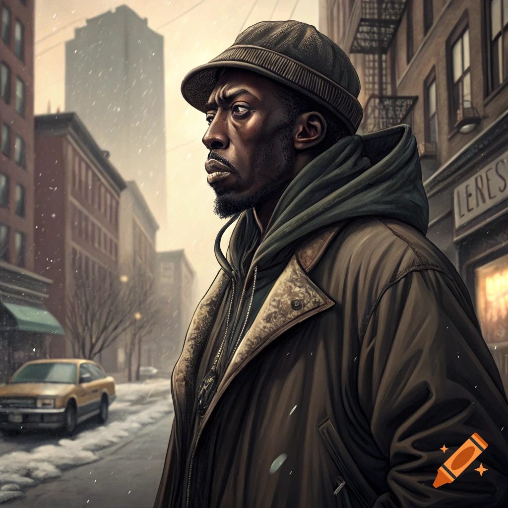 A man in a hat and coat stands on a snowy city street.
