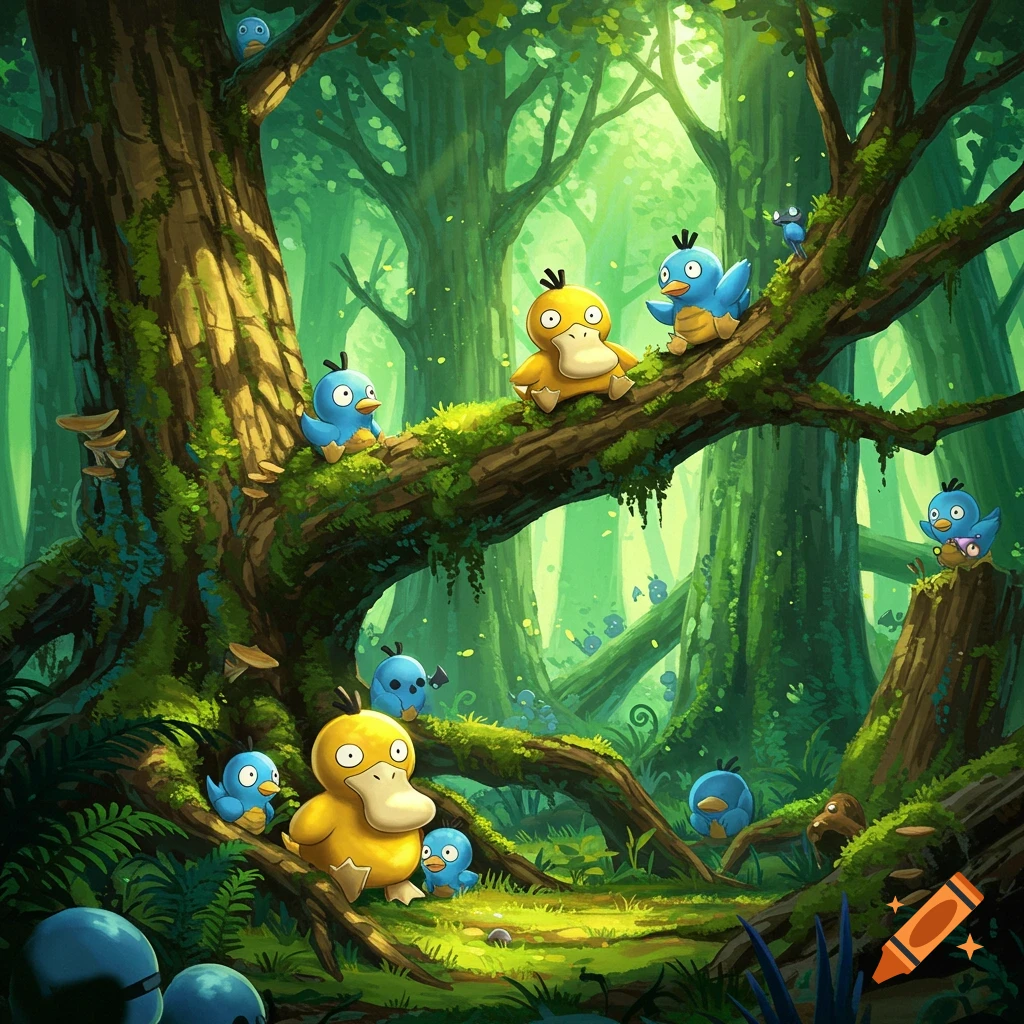 Psyduck and blue birds sit on mossy tree branches in a sunlit forest