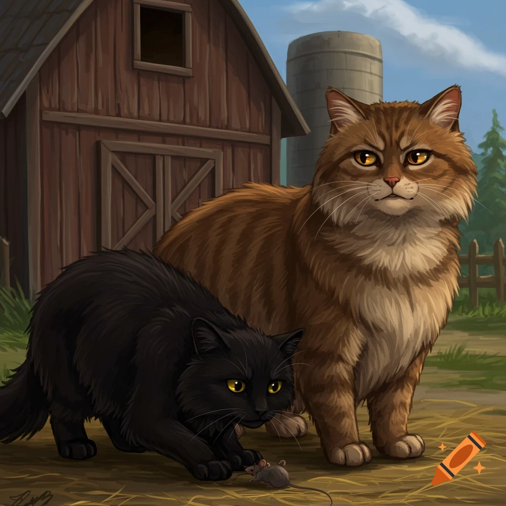 A black cat crouches over a mouse while a brown tabby cat stands behind it near a barn.