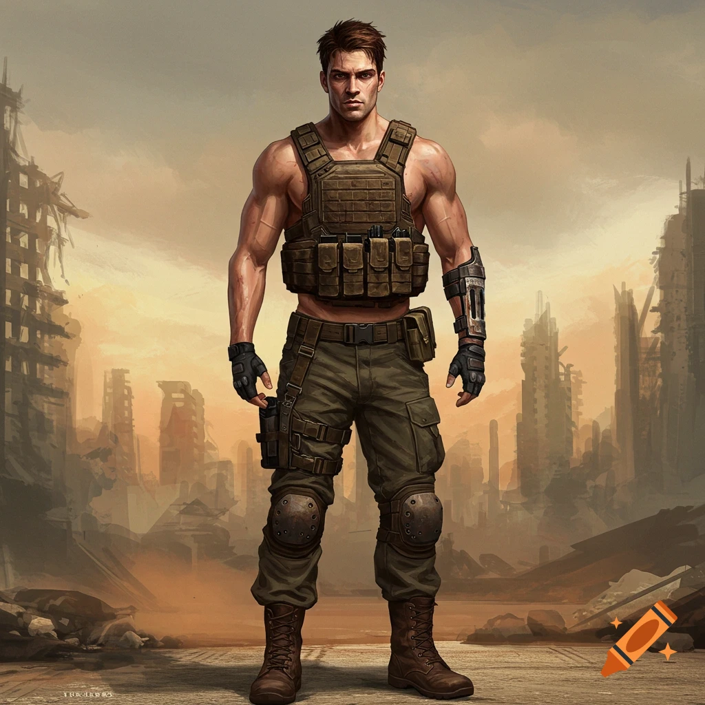 A male soldier in tactical gear standing in a post-apocalyptic ruined city.