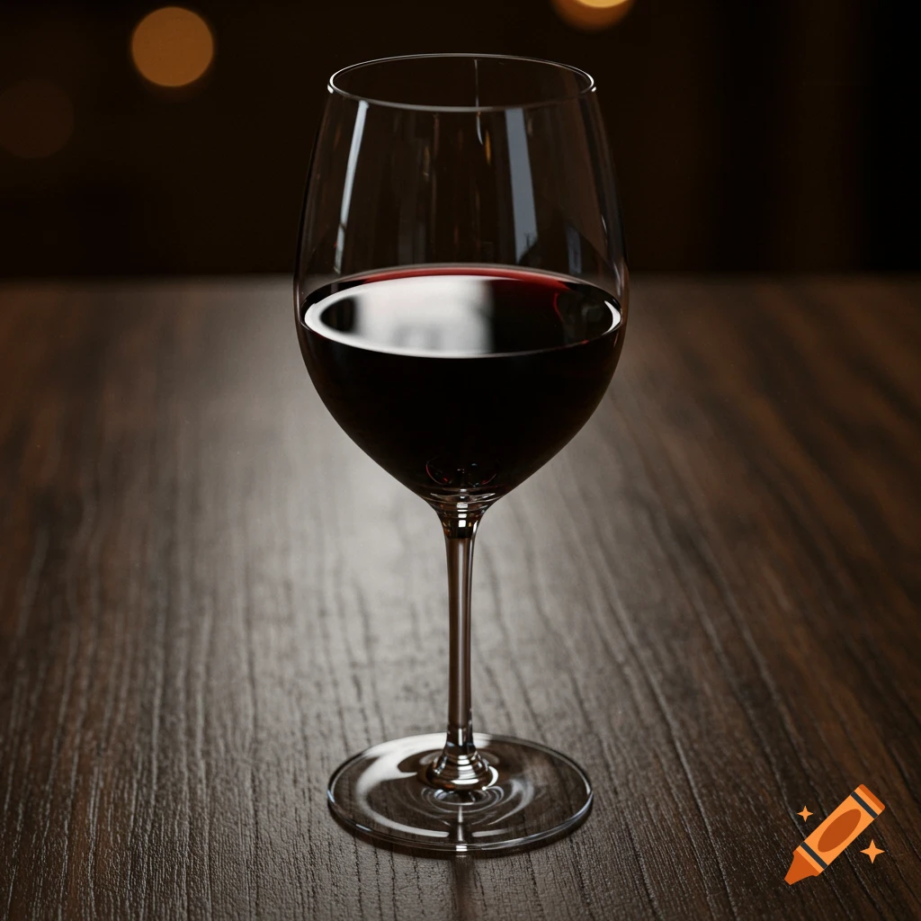 A glass of red wine on a wooden table with blurry lights in the background. Photorealistic style.