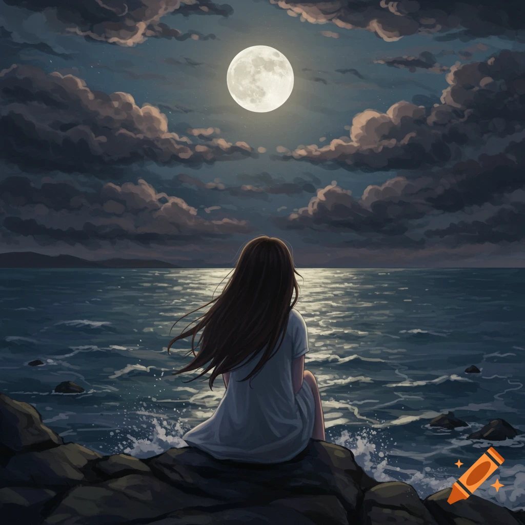 A girl sits on rocks by the ocean at night, looking at a full moon.