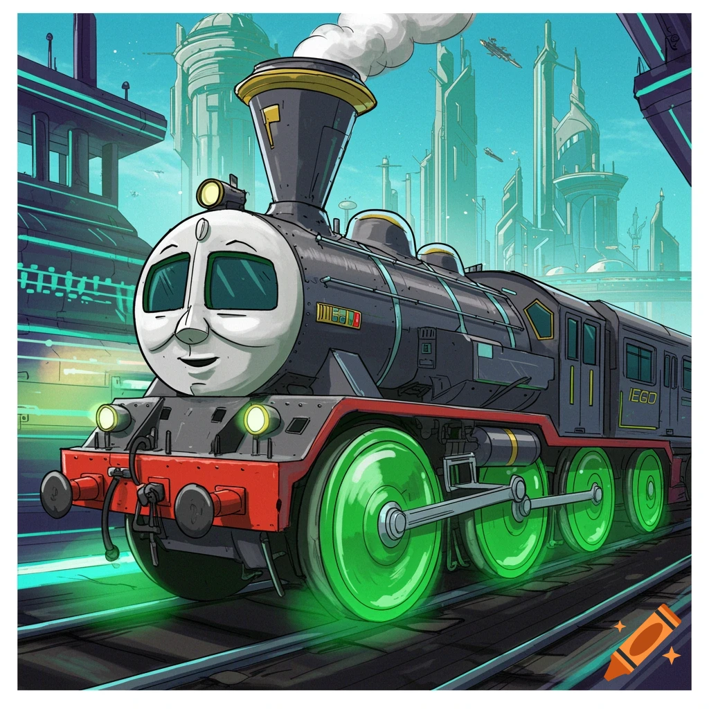 Vibrant cartoon train with glowing green wheels in a futuristic city.