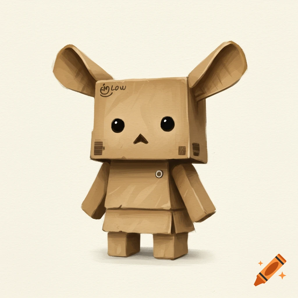 A cartoon creature made of cardboard with big ears