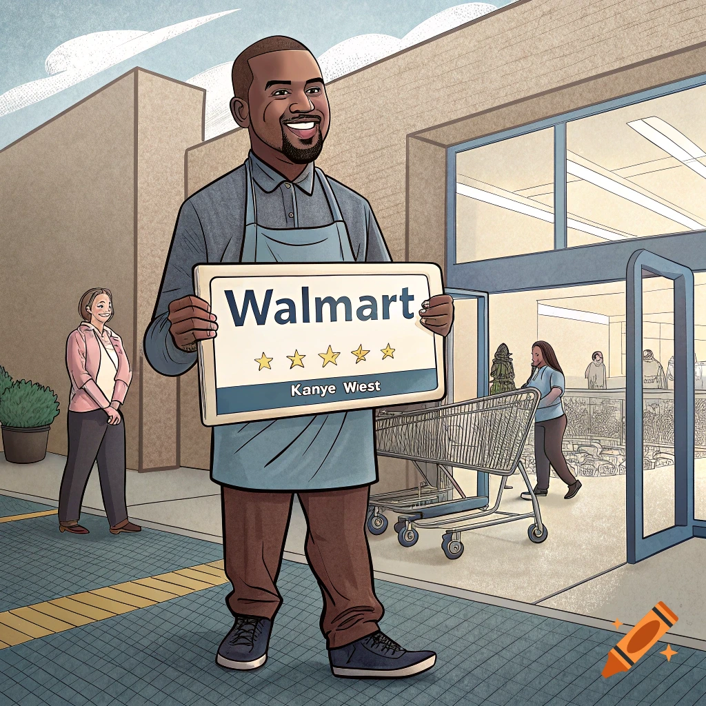 Cartoon illustration of a man resembling Kanye West wearing an apron and holding a Walmart sign, standing outside the store.
