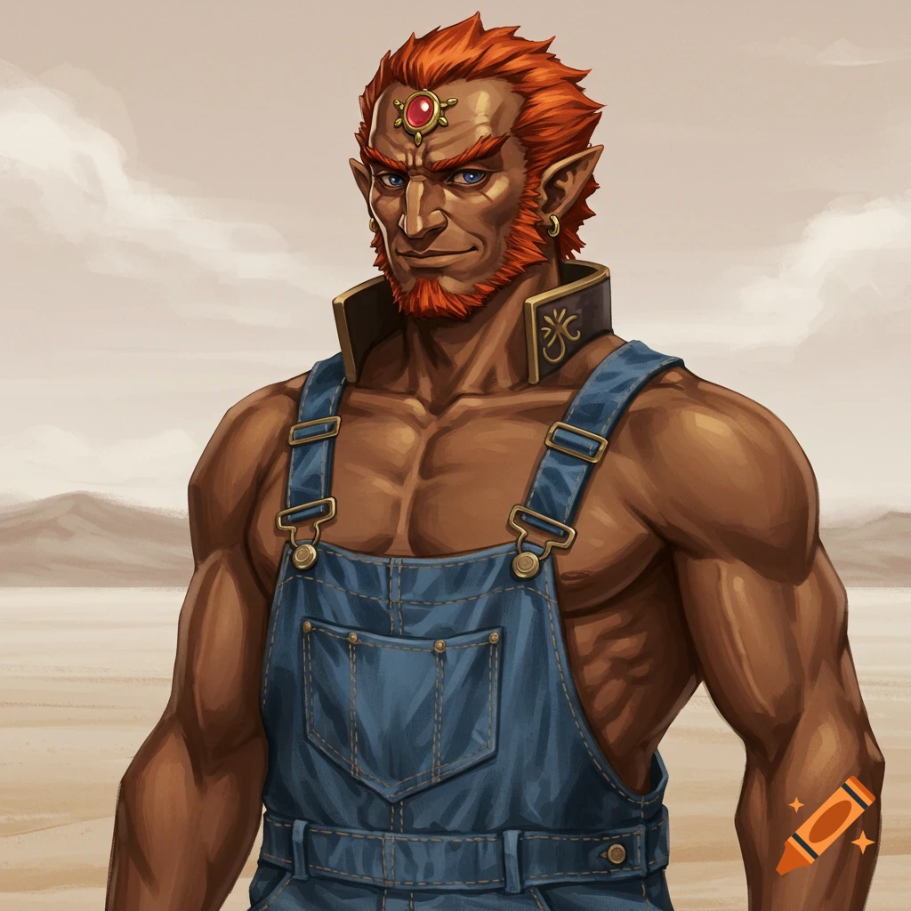 A muscular, red-haired character resembling Ganondorf is wearing denim overalls in a desert.