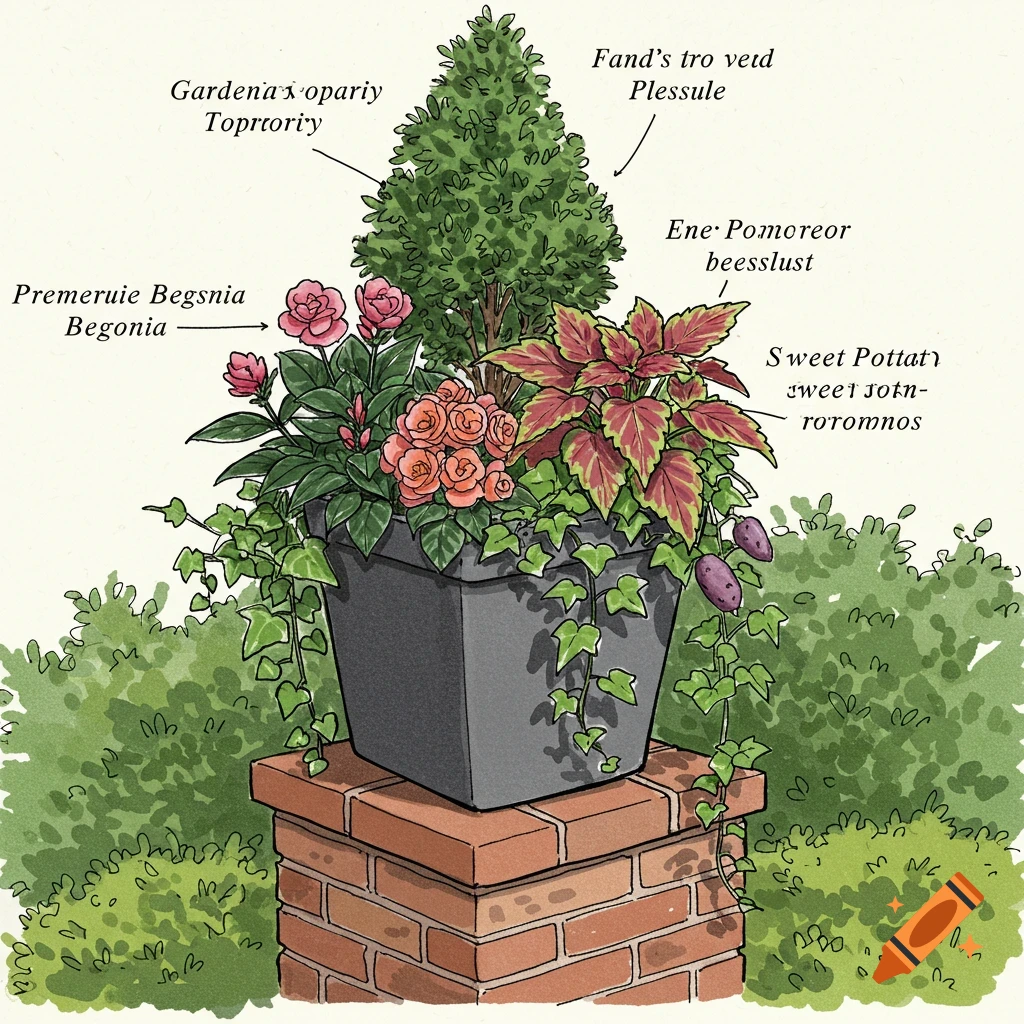 A hand-drawn illustration of a square plant container on a brick pillar, filled with various plants and labeled with text.