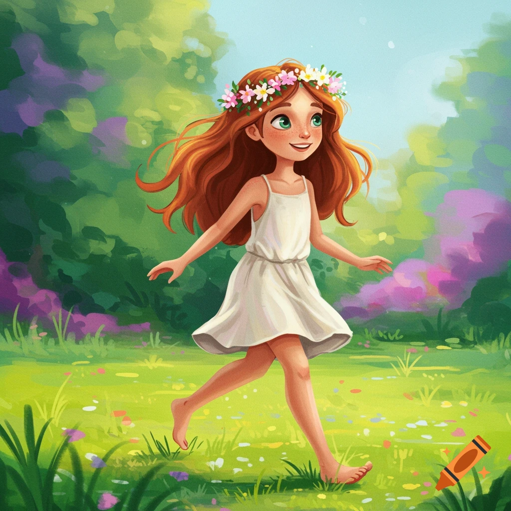 A young girl with red hair and a flower crown skips through a bright green meadow.