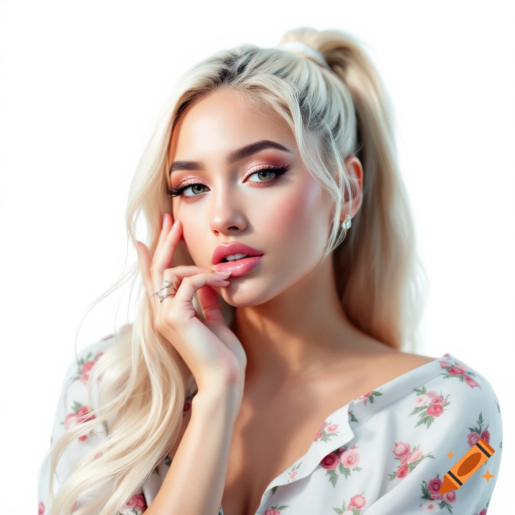 Close-up portrait of a blonde woman with a ponytail wearing a floral top, touching her face.