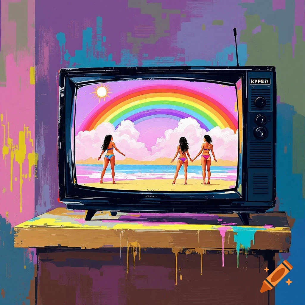 A television displaying a beach scene with three women in bikinis and a large rainbow over the ocean.