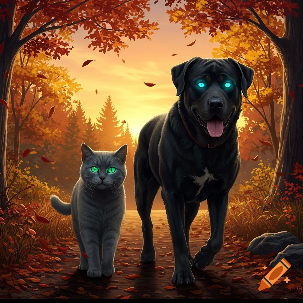 A gray cat and a black dog with glowing eyes walk on a path in an autumn forest.