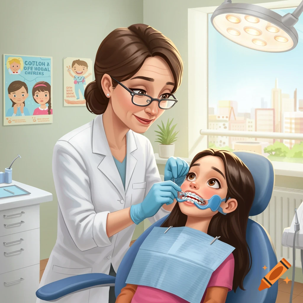 Image of a dentist putting braces on a young girl in a bright office.
