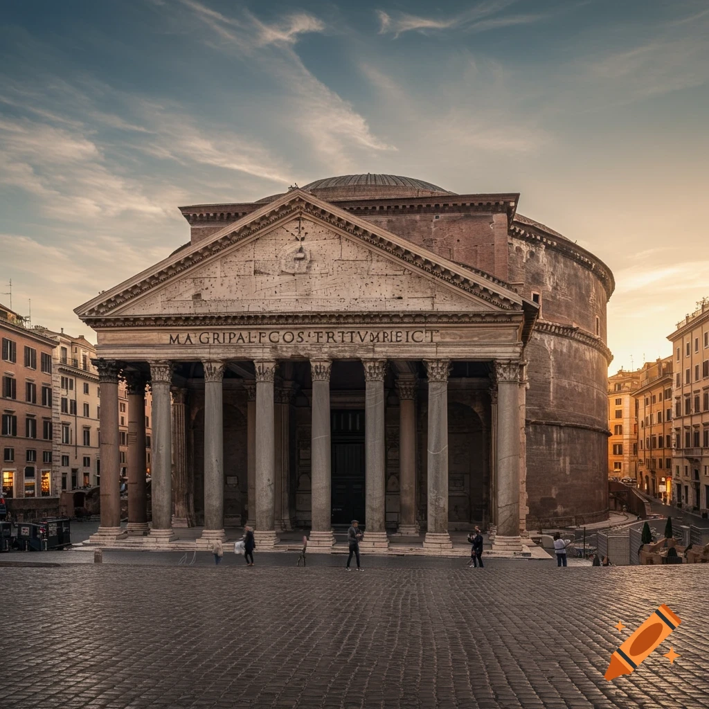 The Pantheon in Rome at sunset, with people in the piazza.