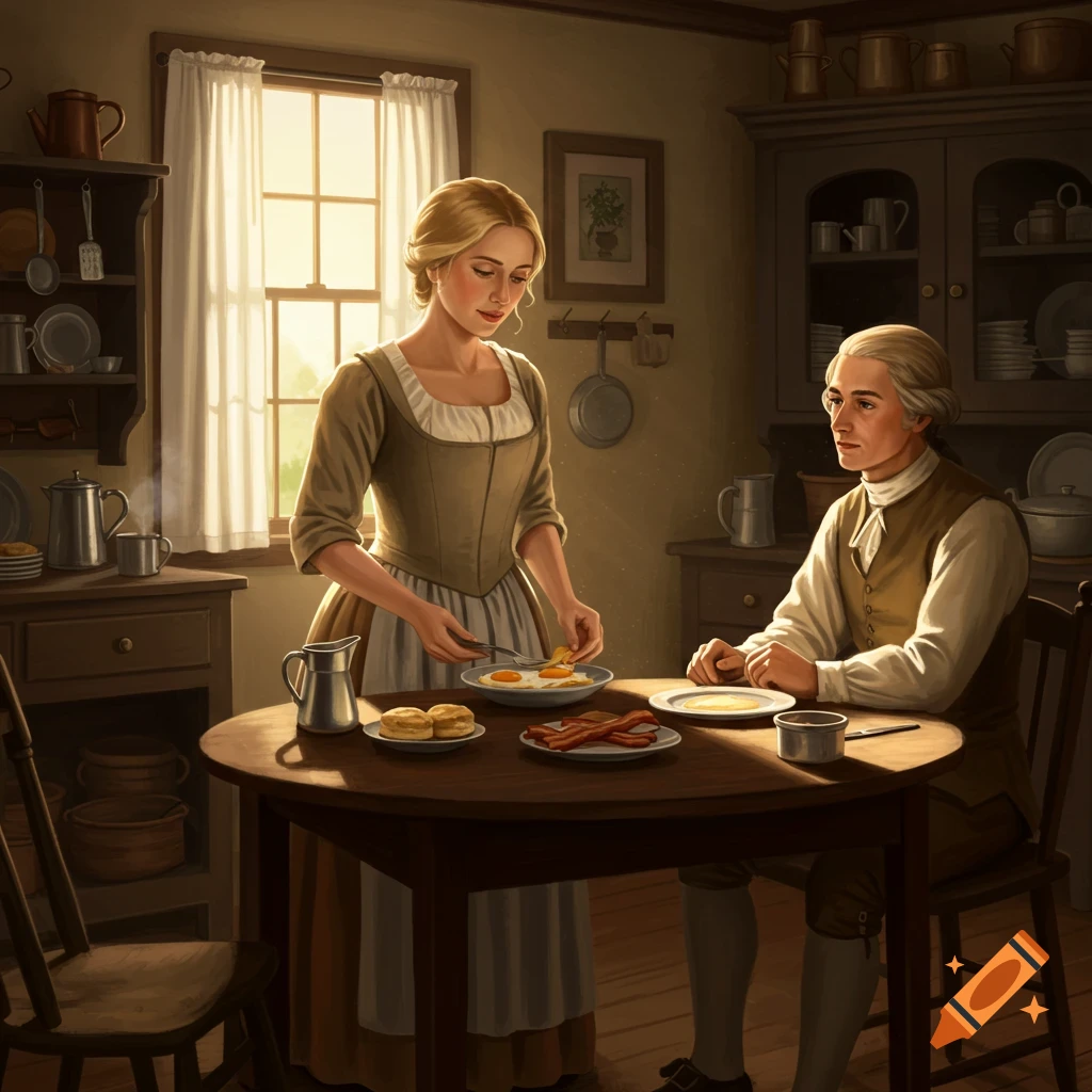 A woman in colonial clothing serving breakfast to a man in a kitchen.
