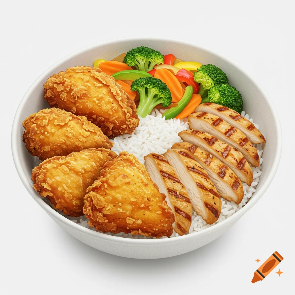 Realistic bowl with fried chicken pieces, sliced grilled chicken, rice, and mixed vegetables.