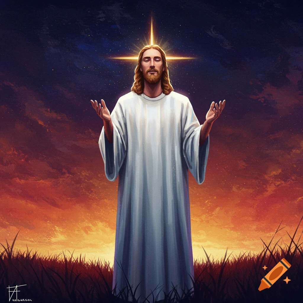 Painting of Jesus Christ raising hands, with a glowing cross above his head, against a dramatic sunset sky with grass in the foreground.