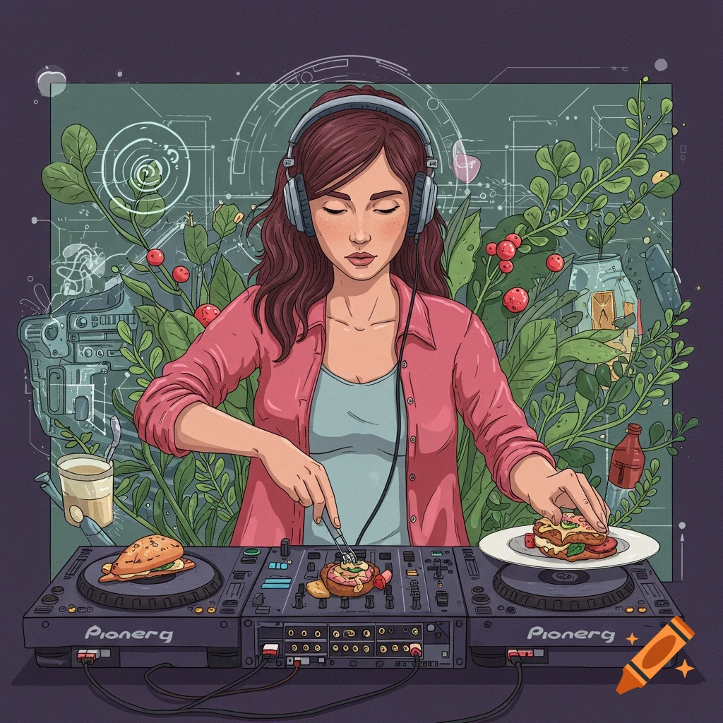 Illustration of woman with headphones mixing food on DJ decks, surrounded by plants and tech.