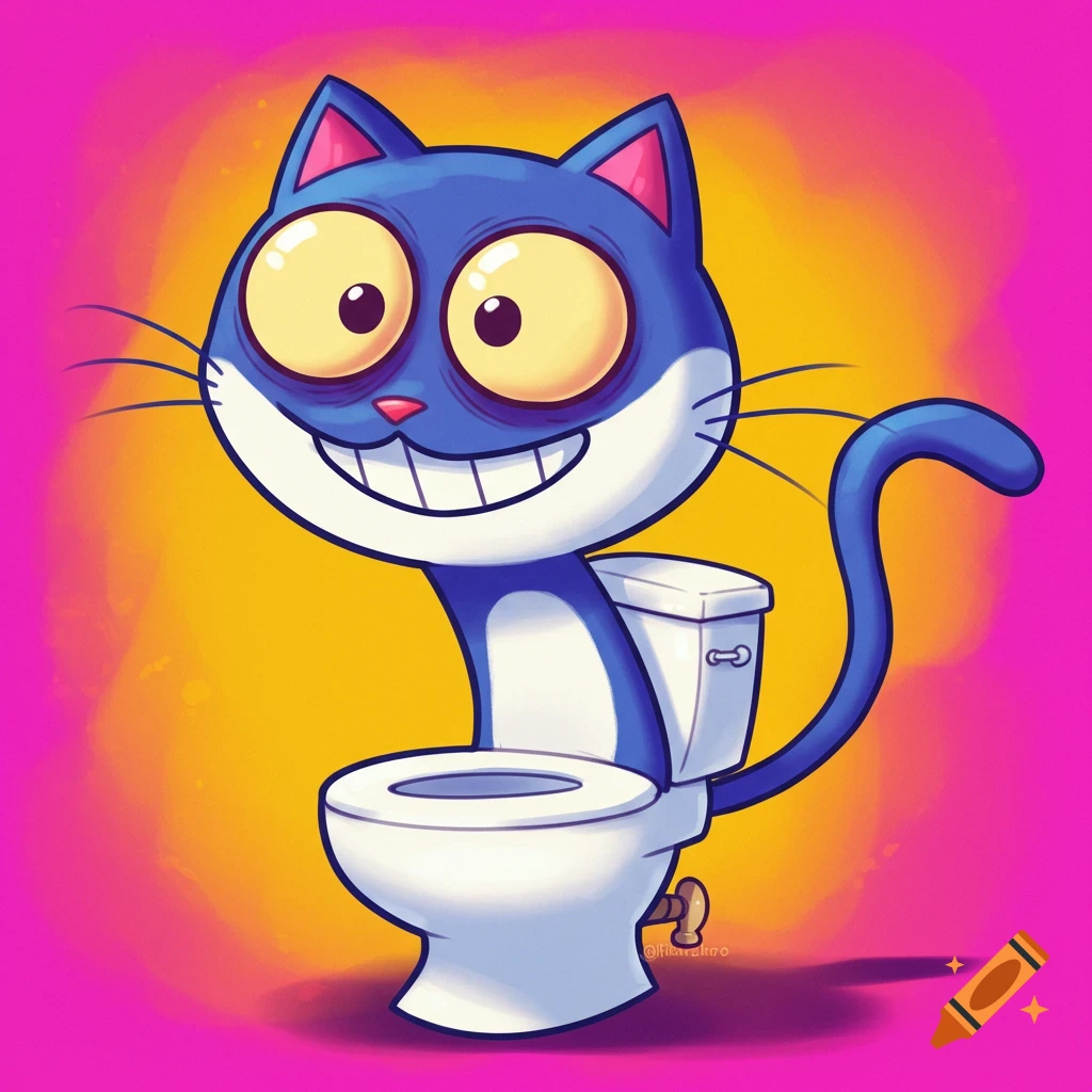 A wide-eyed blue cartoon cat sits on a toilet with a big grin. The background is a pink and yellow gradient.