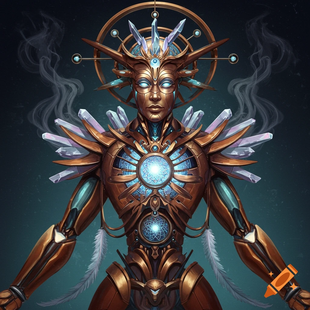 A detailed image of a humanoid robot made of bronze and crystals with glowing blue eyes, a luminous chest panel, and a halo of rings.
