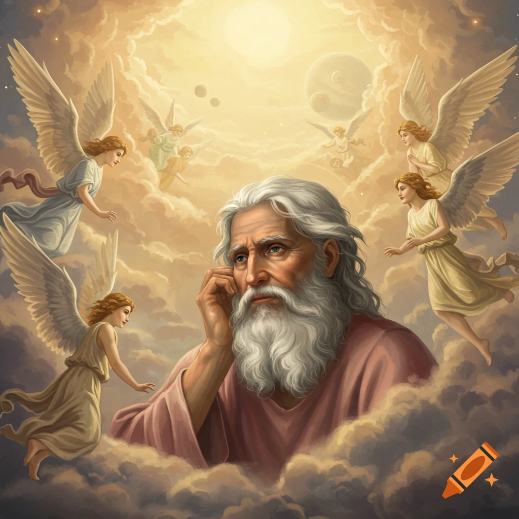 A contemplative bearded man, God, surrounded by angels in a heavenly, cloudy sky.